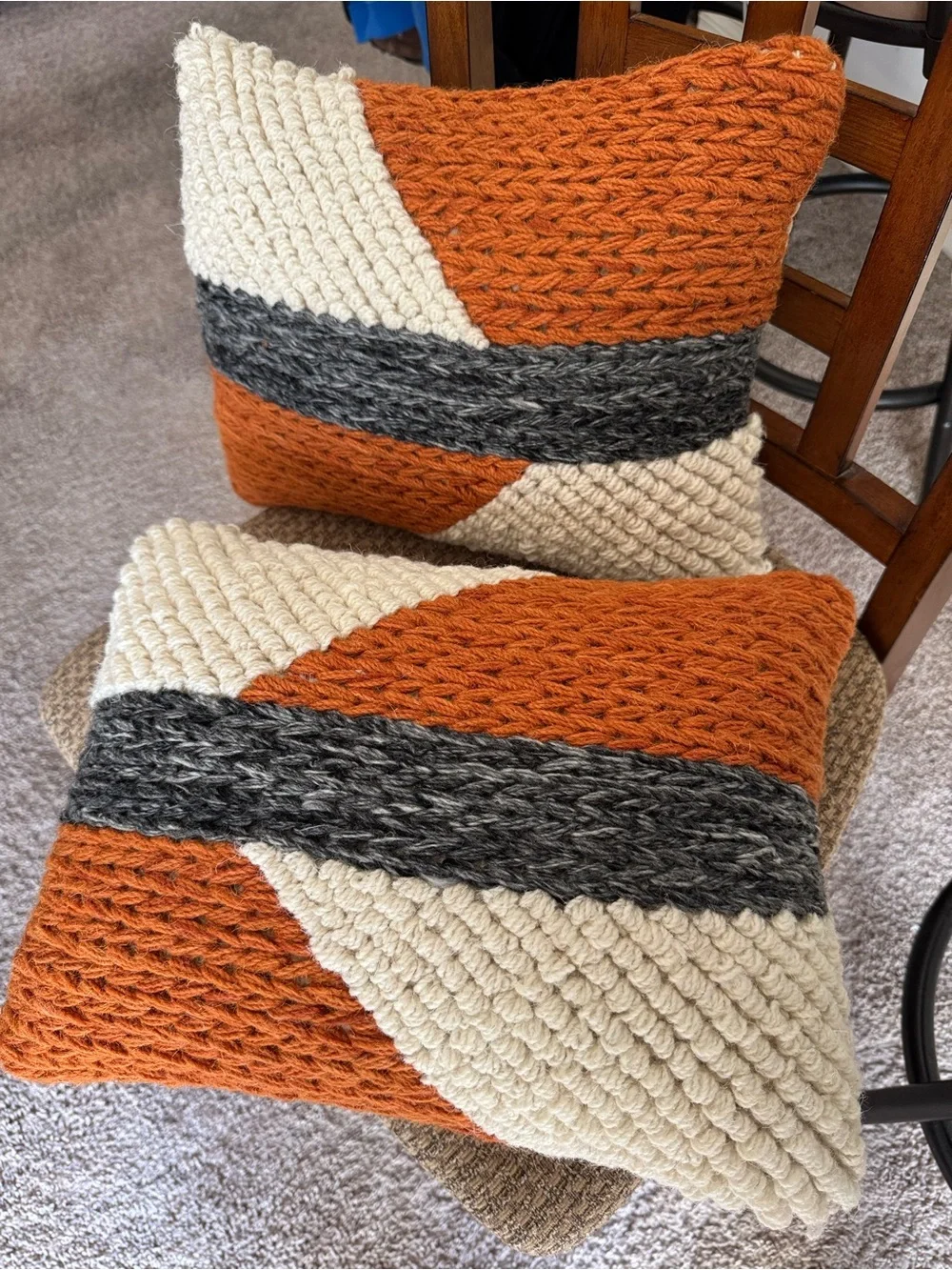 Pair Of Chunky Knit Lumbar Pillows Wool Polyester W Inserts Orange Gray Stripe
